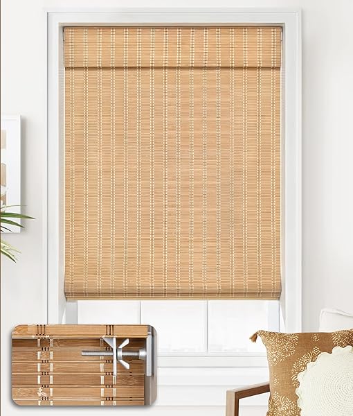 LAZBLINDS NO TOOLS NO DRILL CORDLESS BAMBOO ROMAN SHADES, LIGHT FILTERING WINDOW TREATMENT, ROLL UP BAMBOO BLINDS FOR WINDOW 26” W X 64” H, BROWN
