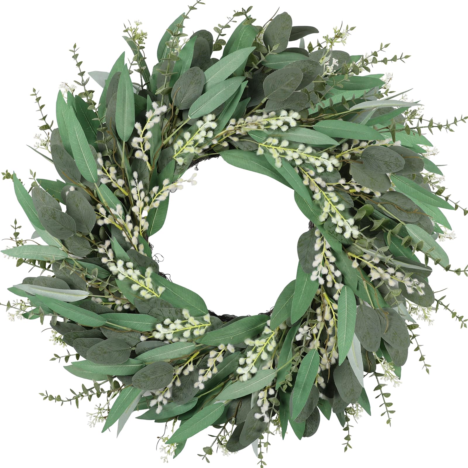 Photo 1 of 26 Inchs Large Summer Spring Wreaths for Front Door, Artificial Greenery Eucalyptus Wreath with White Berry, Easter Wreaths for Front Door, Outdoor Green Wreath Farmhouse Porch Home All Season Decor