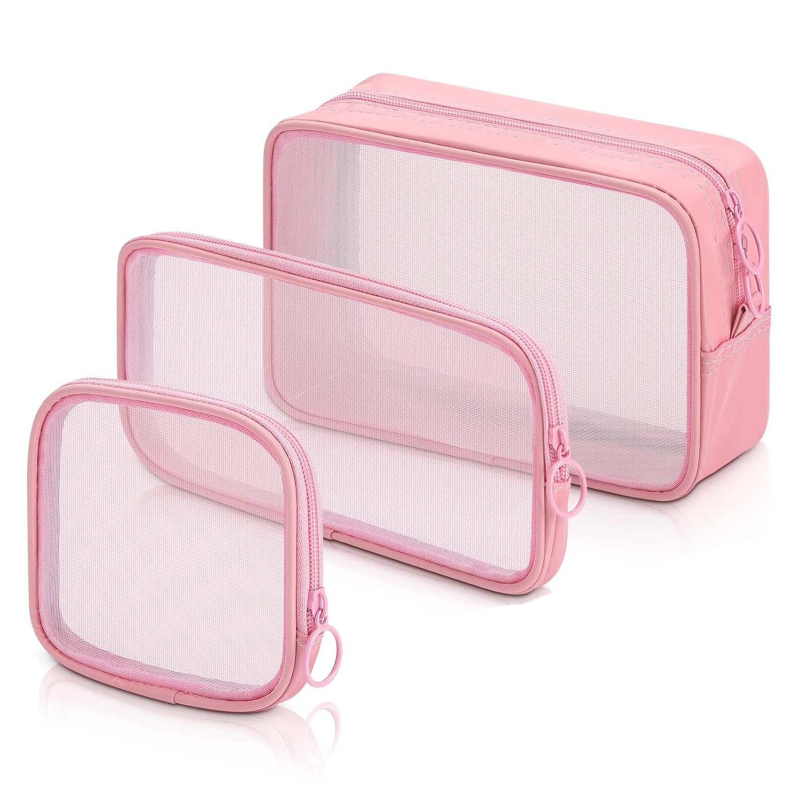 Photo 1 of Supkeyer 3Pcs Mesh Cosmetic Bag, Mesh Makeup Bag Portable Travel Organizing Pouch Toiletry Bag with Zipper for Home Office Travel Accessories,3 Sizes (Pink)