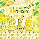 KEFAN Lemon Birthday Party Decorations, Lemon Theme Party Tableware Supplies including Backdrop, Plates, Cups, Napkins, Tablecloth, Balloons for Lemon Birthday Party, Serves 20