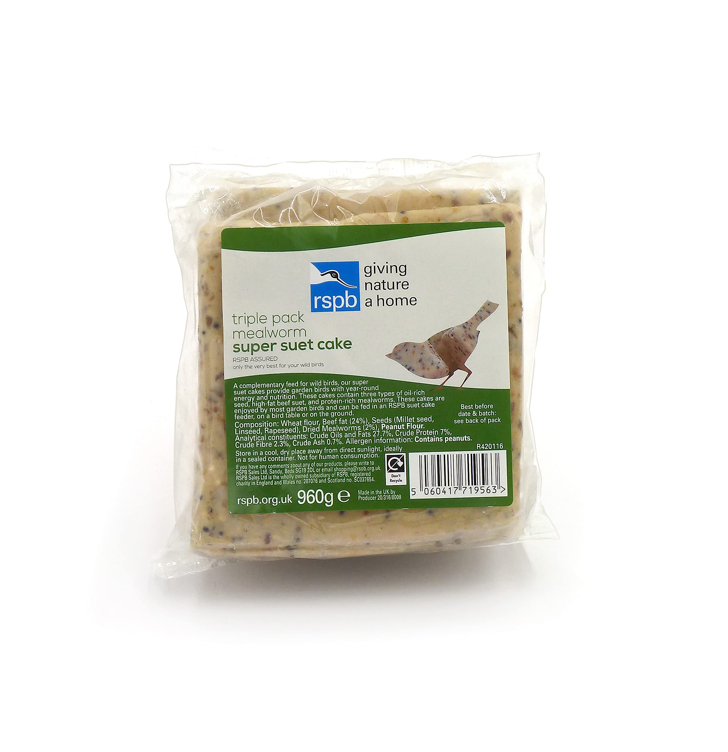 RSPB Super Suet Mealworm Cake 960g for Wild Garden Birds
