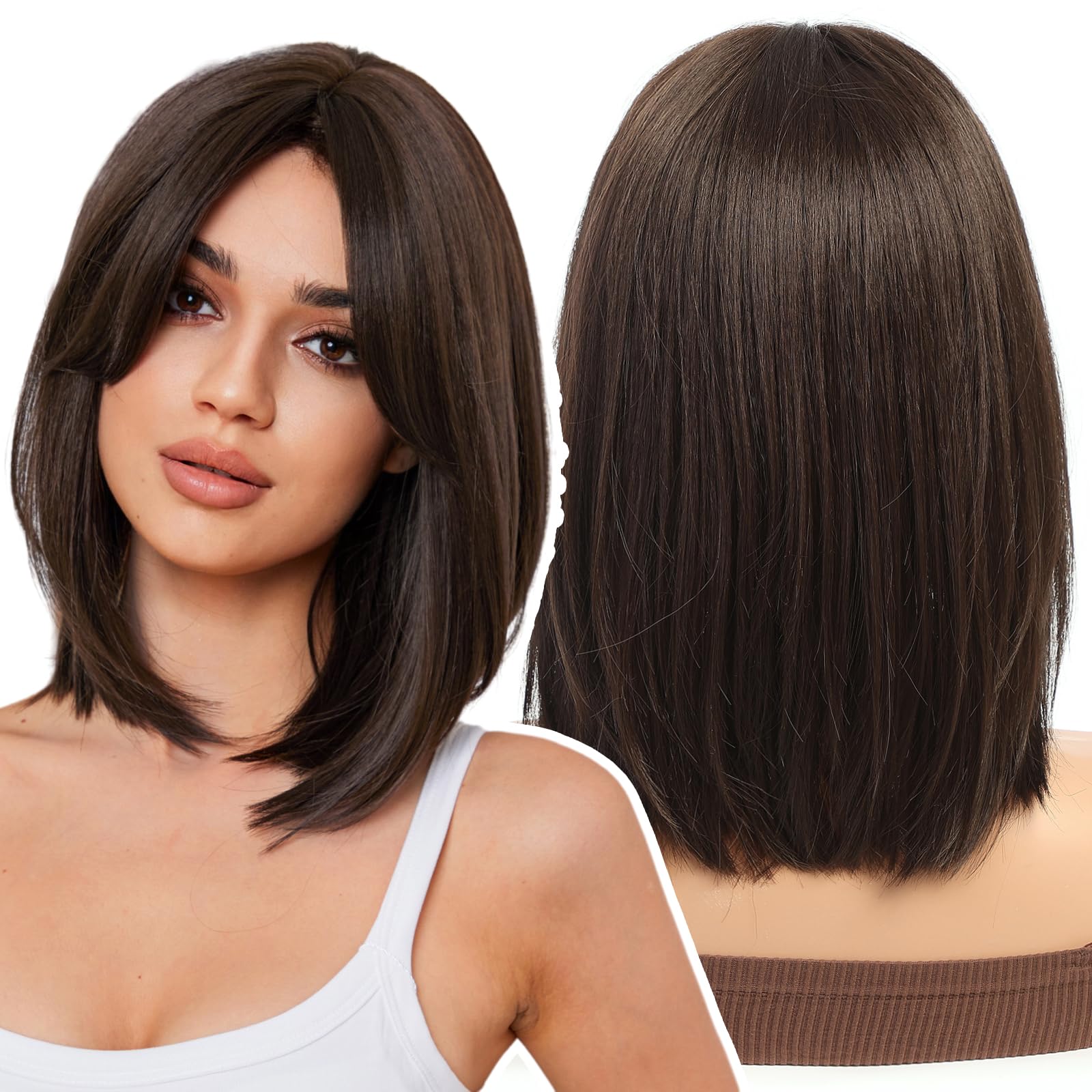 WOKESTAR Bob Wig with Fringe Short Black Brown Color Wigs for Women, Bob Style Synthetic Heat Resistant Bob Wigs — image 1