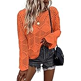 Allimy Womens Long Sleeve Hollow Out Crochet Crewneck Knitted Top Blouses Cover Up