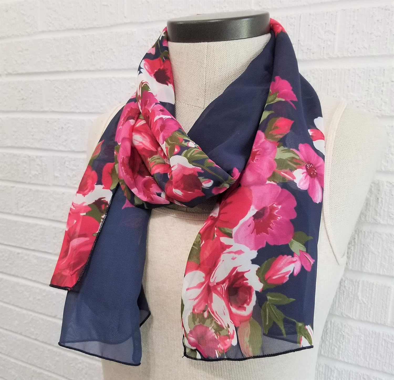 Amazon.com: Navy Floral Chiffon Scarf, Pink Rose Print, USA Made: Handmade
