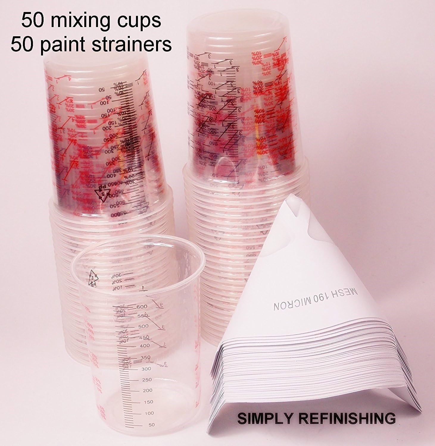 50 x calibrated paint mixing cups & 50 x 190 micron paint strainers