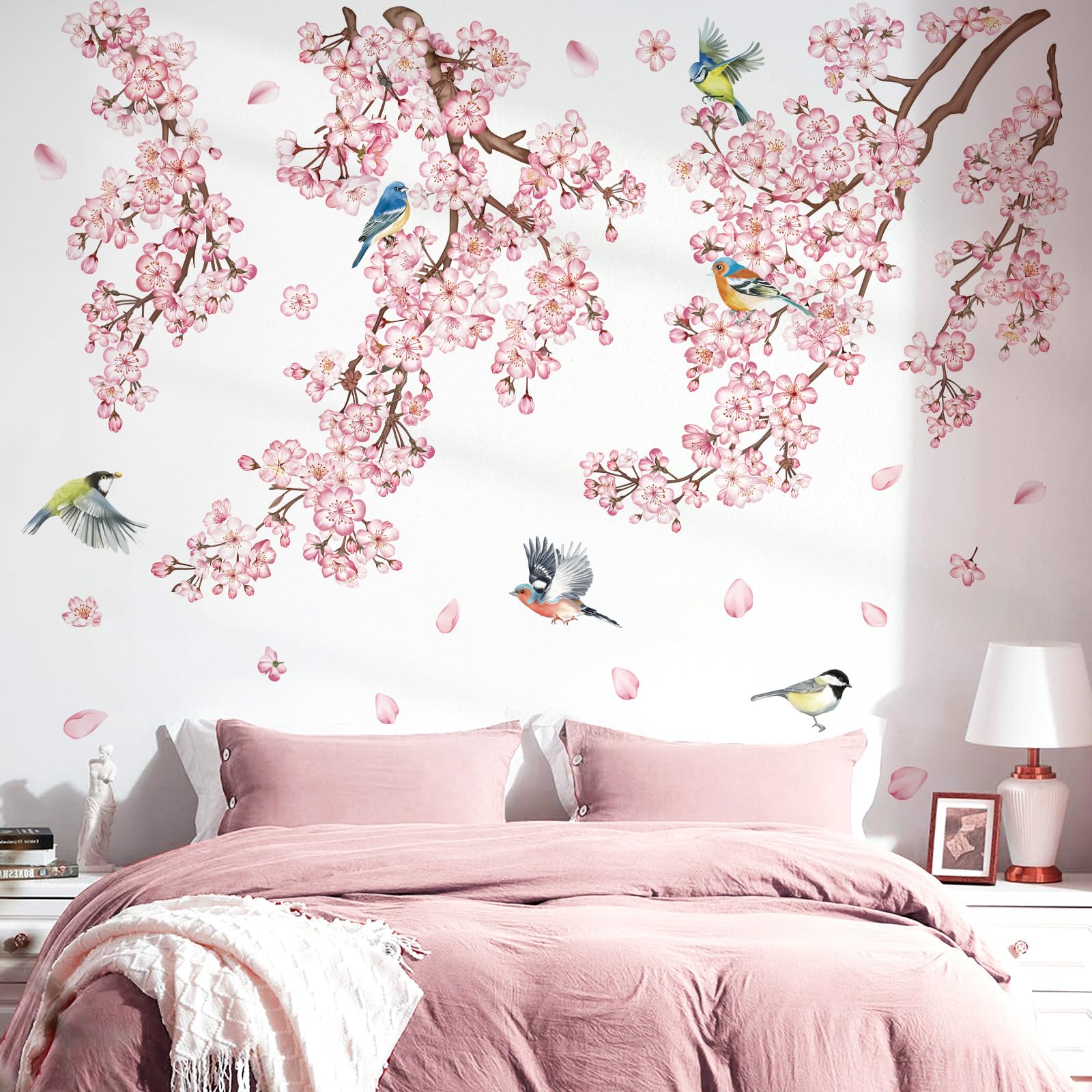 decalmile Large Cherry Blossom Tree Branch Wall Decals Pink Flower Vine Birds Wall Stickers Girls Bedroom Living Room Nursery Wall Decor