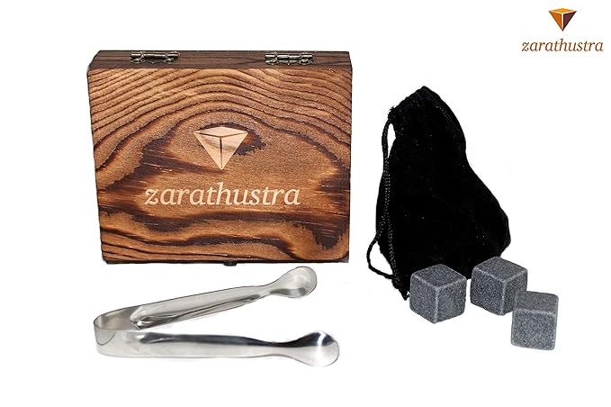 Zarathustra Premium Whiskey-Stein-Set - 9 Wiederverwendbare Granitsteine, eine Edelstahlzange und EIN Samtbeutel in hochwerti