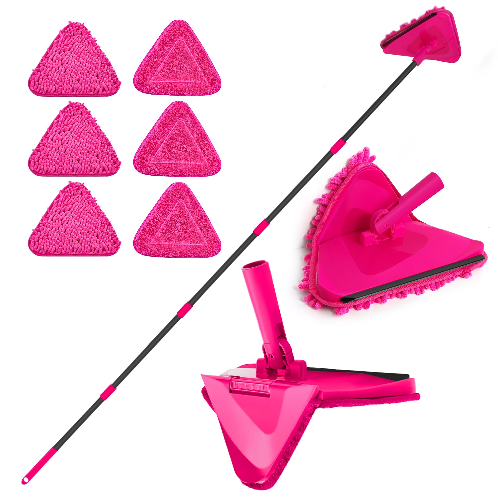 Photo 1 of **MISSING MOP HEAD, ONLY INCLUDES PADS AND HANDLE*** JEHONN Wall Mop with Long Handle 80 inches, Upgraded 180° Collapsible Baseboard Cleaner Tool with Squeegee, Ceiling Duster with 3 Microfiber and 3 Chenille Pads for Cleaning Window, Cabinet (Rose Red)