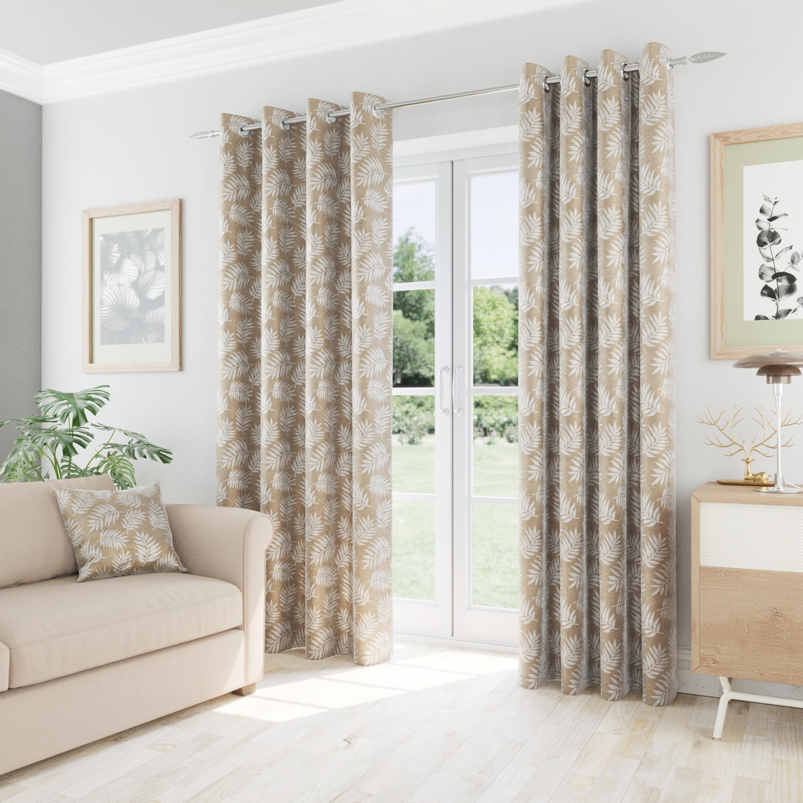 Oakland Latte Leaf Print Thermal Blockout Curtains with Eyelet Top - 90 x 90 inch (229x229cm) - Energy Saving & Noise Reducing Curtains for Living Room & Bedroom