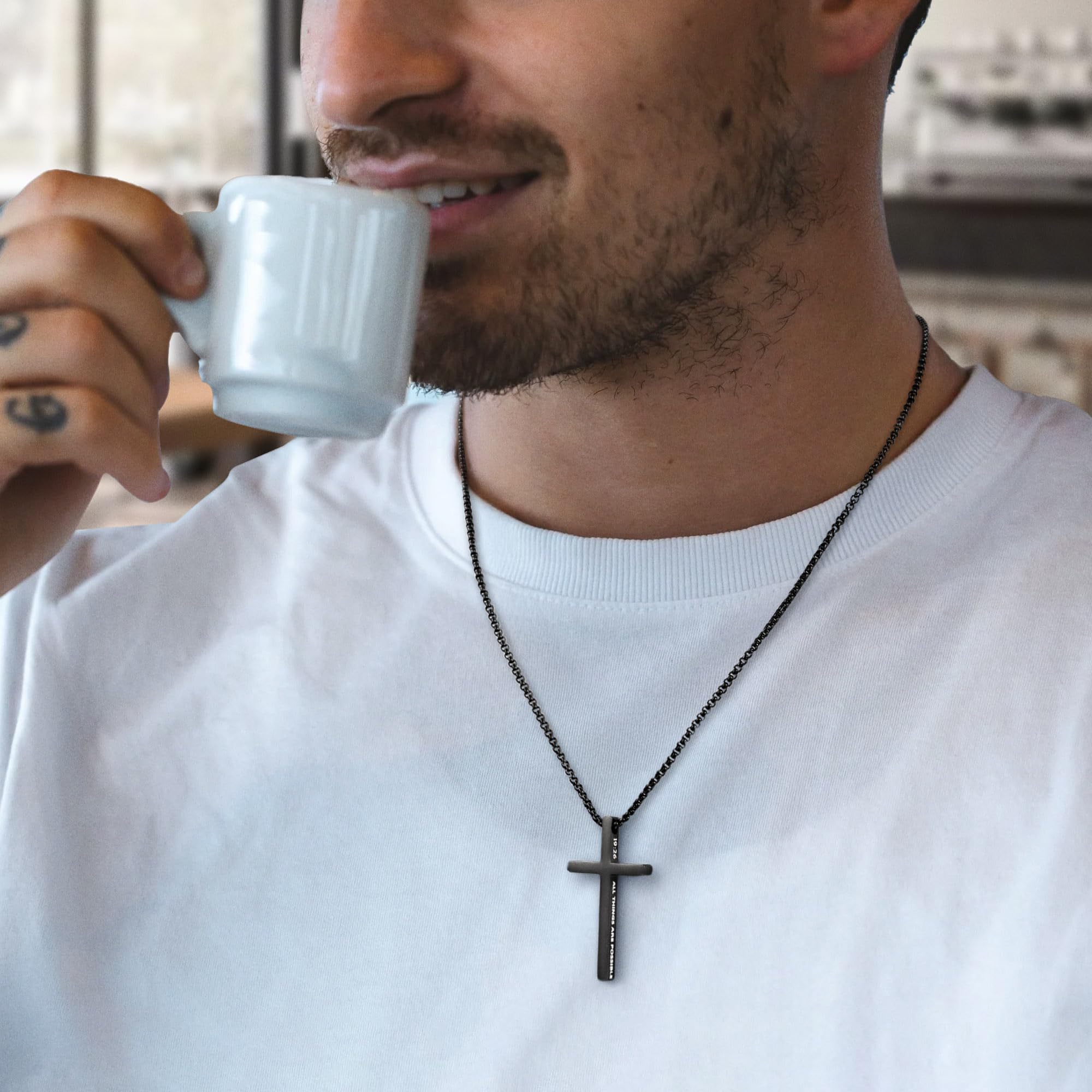 Ursteel 2 Pcs Black Silver Cross Necklace for Men - Inspirational Bible Verse Cross Chain for Men Stainless Steel Cross Pendant Necklace for Men Teen Boys Religious Christian Gifts, 18-24 Inches