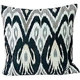 Bloomingville Square, Multicolor Cotton Velvet Ikat Printed Pillow with Chambray Back