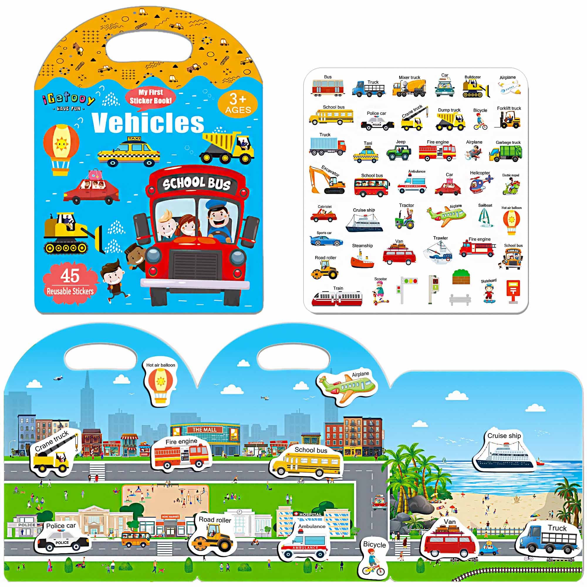 iGetooy Reusable Sticker Books for Toddlers 1-3, Jelly Sticker Books for Kids 2-4, Vehicle Stickers for Kids