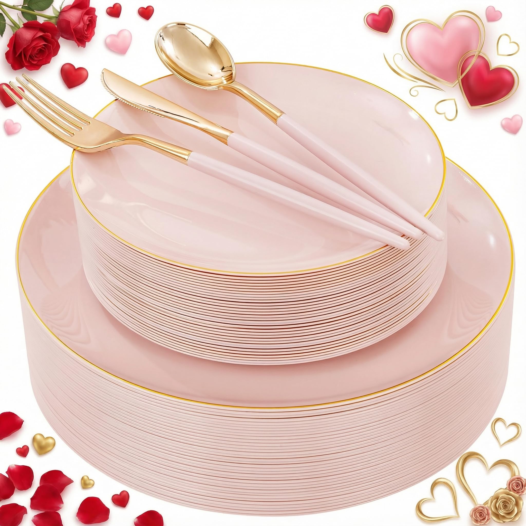 Photo 1 of DaYammi 150Pcs Pink Plastic Plates with Gold Rimmed,Heavy Duty Plastic Plates - Pink Disposable Plate Included 30 Dinner plate,30 Dessert plate,30 Knives,30 Forks,30 Spoons for Valentine's Day Party