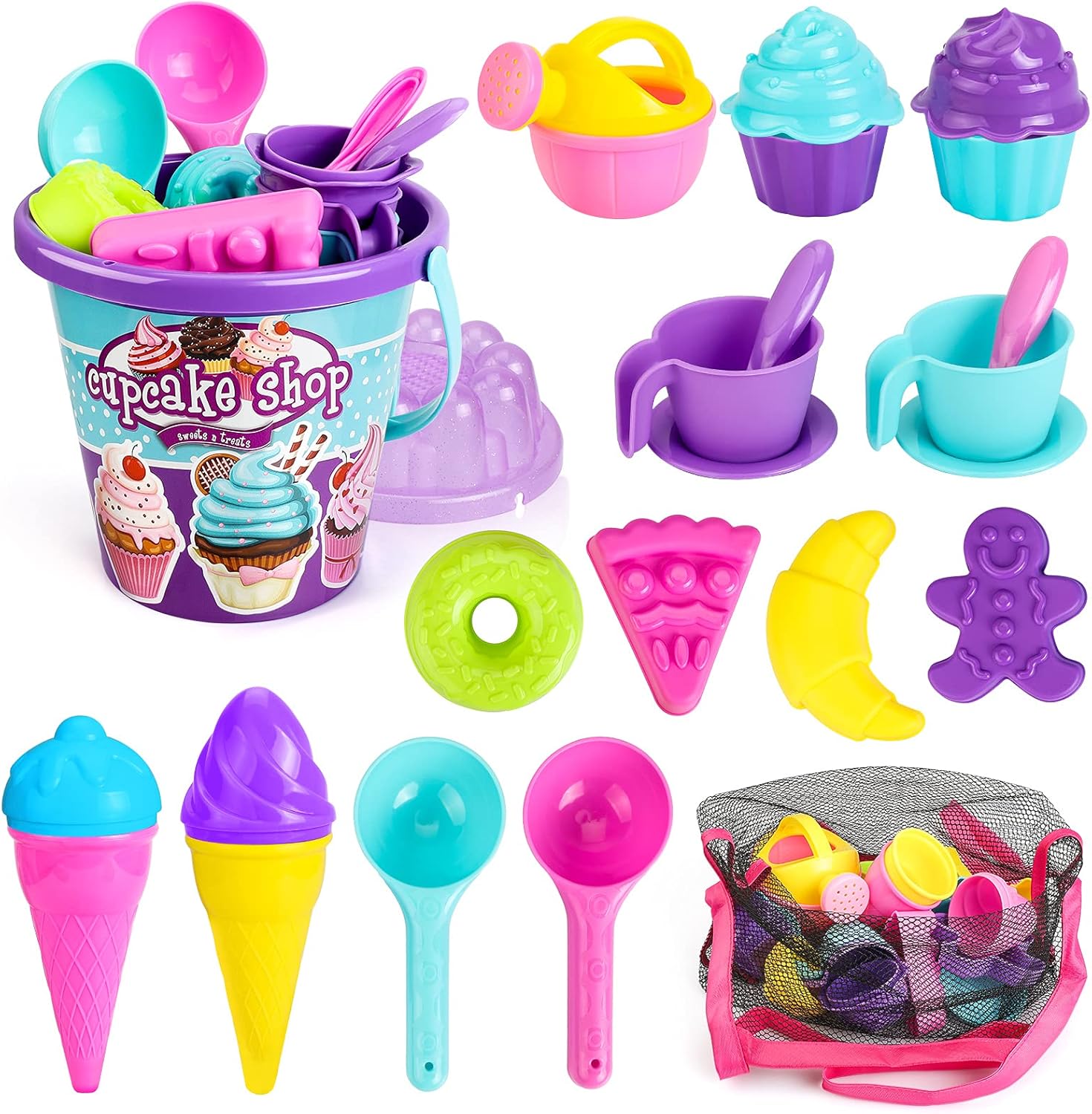 RCSPACEX 24 Pcs Beach Sand Toys, Sandbox Pool Bath Toys for Kids Toddlers with Large 9’’ Bucket, Ice Cream Cupcake Mold, Mesh Bag, Watering Can (Random Color): Toys & Games