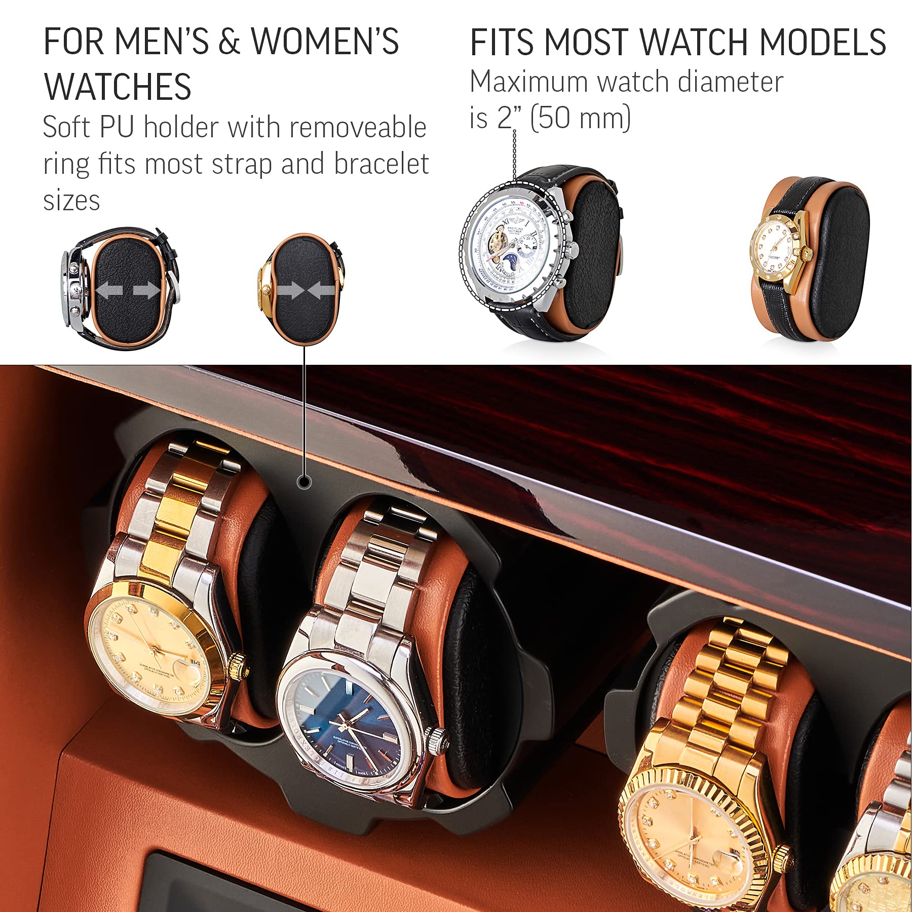 Leader WATCH WINDERS 4 Watch Winder with 5 Watch Storage Space, LCD Display, Touch Control and Interior Light