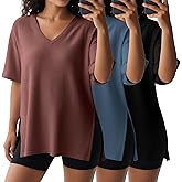 Huukeay 3 Pack Oversized T Shirts for Women V Neck Side Slit Tees Loose Fit Waffle Knit Workout Baggy Short Sleeve Tops