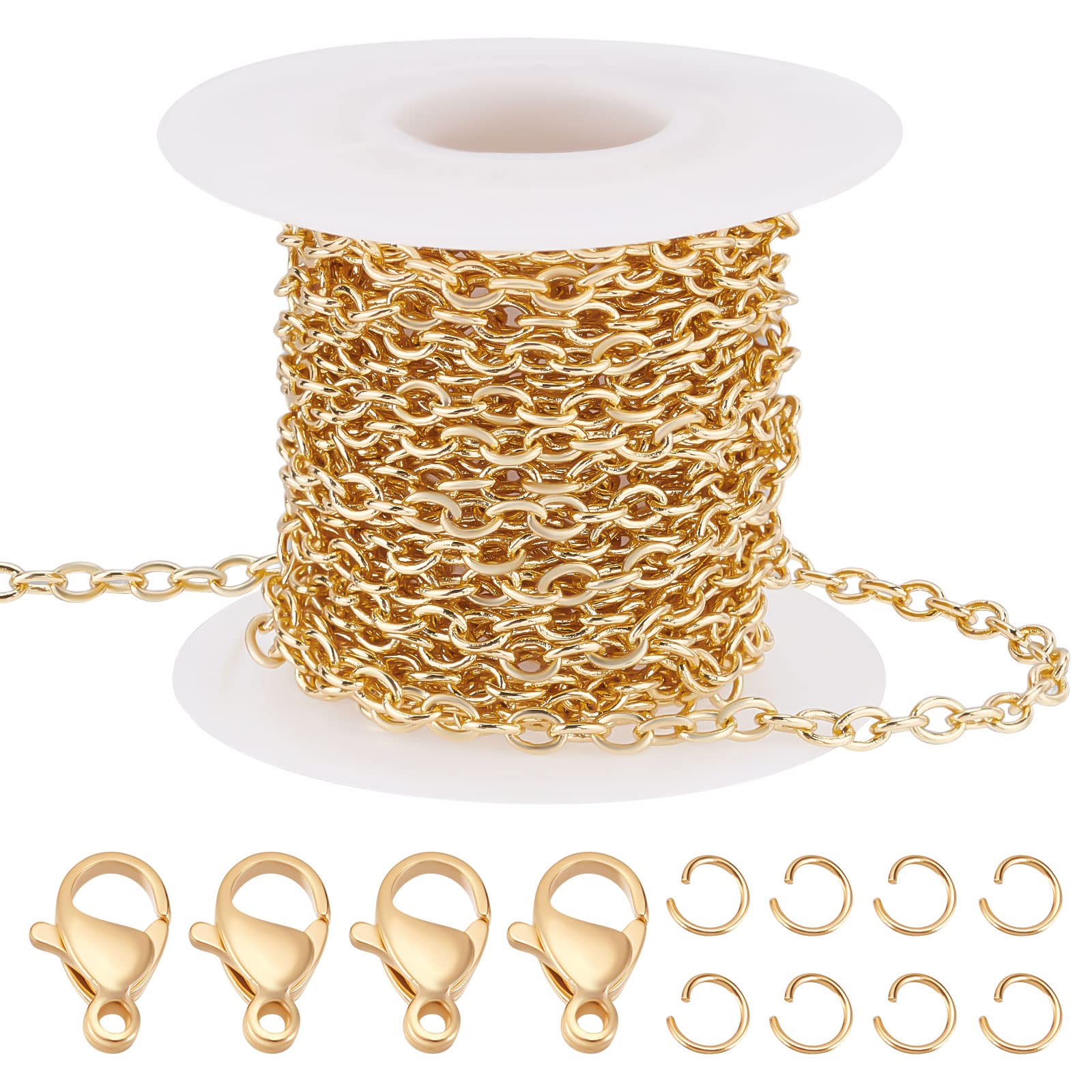 Beebeecraft 16.4 Feet Brass Cable Chains 18K Gold Plated Flat Oval Links Chain with 20 Lobster Claw Clasps and 50 Jump Rings for Necklace Earring Bracelet Making — image 1