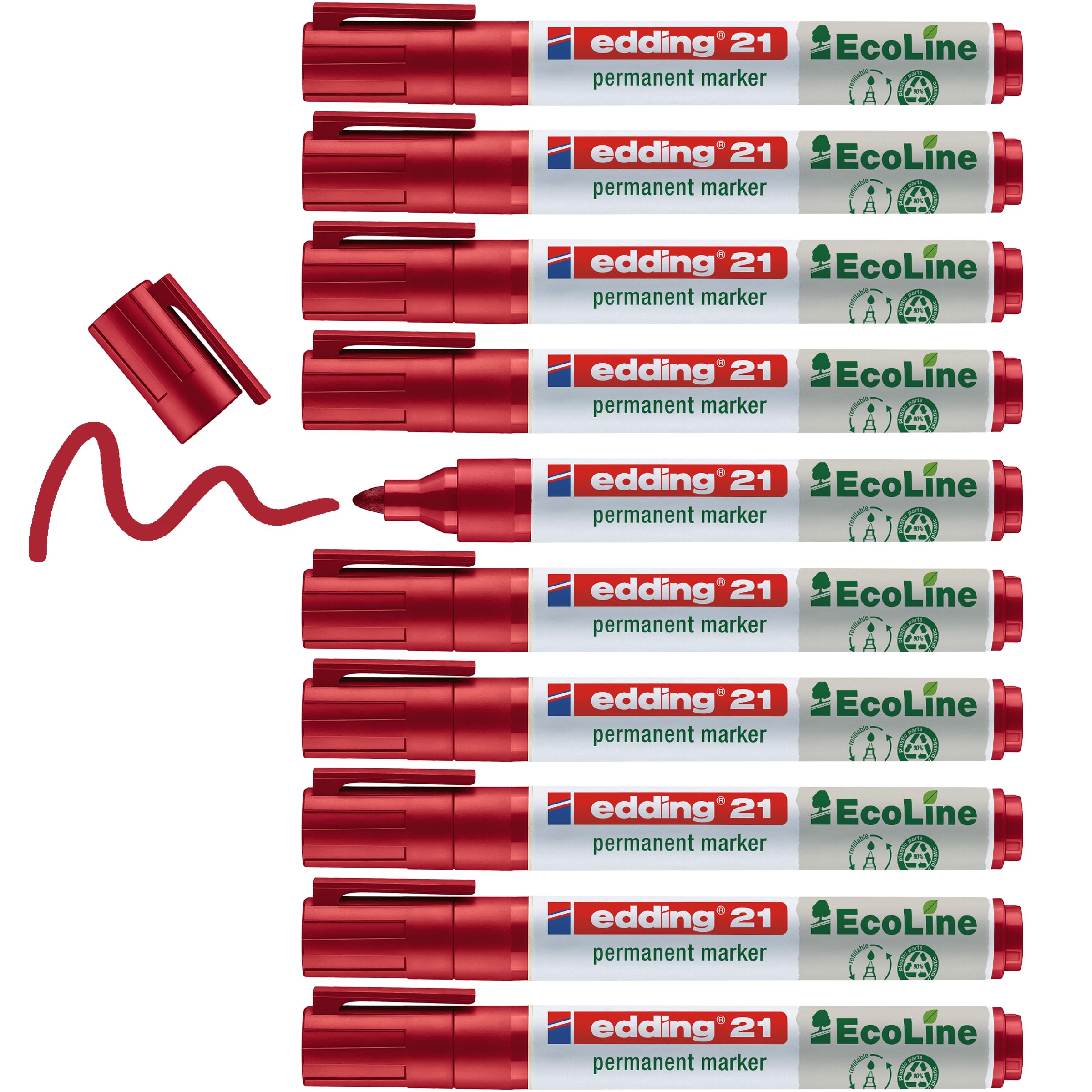 edding 21 Ecoline Permanentmarker - rot - 10 Stifte - Rund-Spitze 1,5-3 mm - schnell trocknender Permanent Marker - wasserfest, wischfest - für Karton, Kunststoff, Holz, Metall - Universalmarker, 4-21002