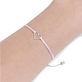 Pink Womens Friendship Bracelet, Small Handmade Sterling Silver 925 Open Heart Shaped Charm, Pull Adjustable Kindred Cord Thread. Perfect Small Gift
