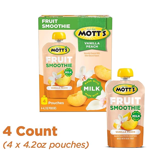 MOTT’S FRUIT SMOOTHIES VANILLA PEACH, 4.2 OZ CLEAR POUCHES, 4 PACK, MADE WITH MILK, MADE WITH REAL FRUIT, GOOD SOURCE OF CALCIUM, ON-THE-GO