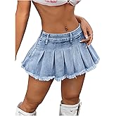 BEAUDRM Women's Y2K Low Waist Pleated Denim Skirt Zipper Raw Hem Mini Skirt Casual Ruffle Jean Skirt