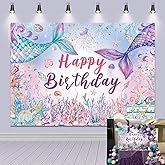 Mermaid Happy Birthday Backdrop Fish Tail Coral Decoration Banner Marine Biological Background for Kids Girl Theme Birthday Party Supplies Photo Booth Props