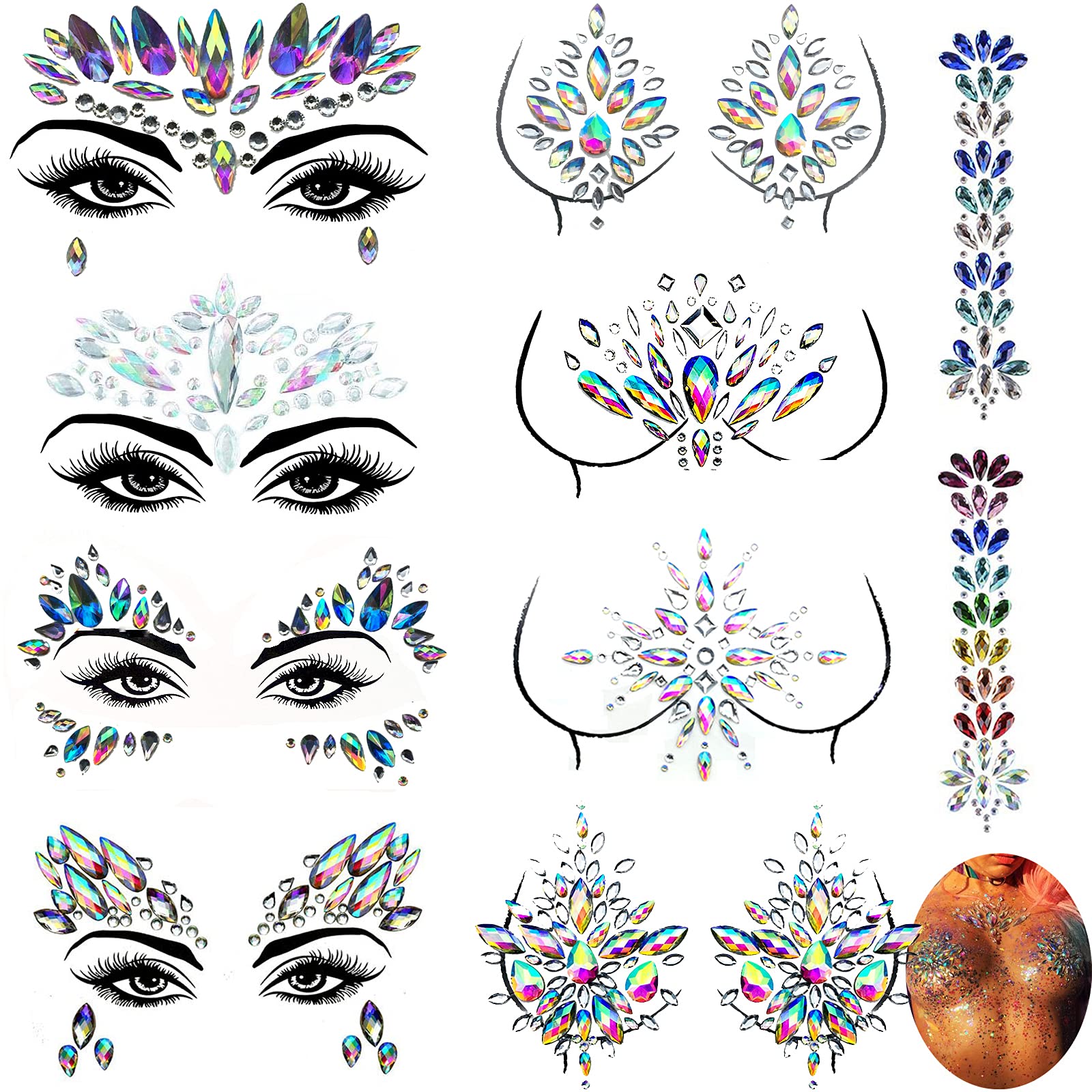 Photo 1 of Face Gems Jewels and Chest Body Gems Sticker Set, Body Jewels Tattoo, Face Jewel Gems, Rainbow Rave Festival Body Gem, 10-Pack