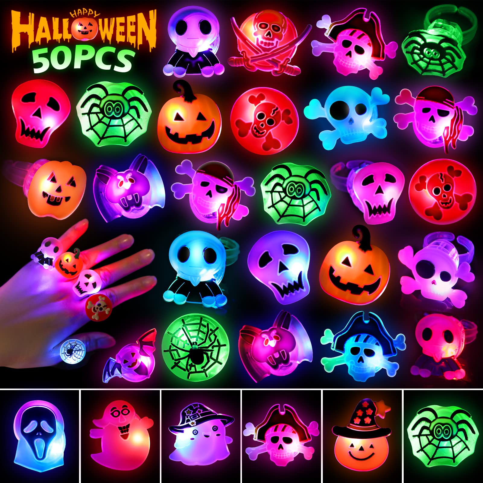 Photo 1 of 50 Pcs LED Flash Light Up Rings - Halloween Toys for Kids, Party Favors & Goodie Bag Fillers