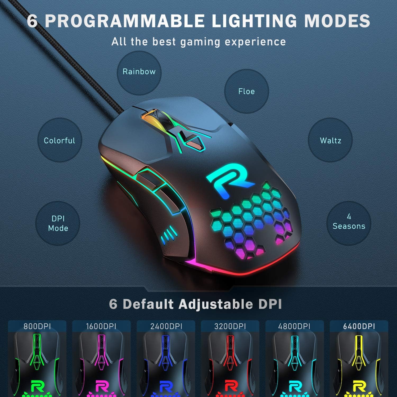 RUNMUS Gaming Mouse with 7 Programmable Buttons, Chroma RGB Backlight & 6400 Adjustable DPI, Ergonomic USB Computer Mouse with High Precision Sensor for Windows PC & Laptop Gamers, Mouse for Laptop: Computers & Accessories