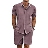 COOFANDY Men's Summer Beach Outfits 2 Piece Short Sleeve Shirts and Shorts Vacation Texture Linen Sets for Men