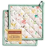Maison d' Hermine Pot Holders 100% Cotton Heat Resistant Potholders 8" x 8" Hot Pads with Loop BBQ Cooking Baking Easter Decorations Handling Hot Pans Spring/Summer (Pack of 2, Colmar)