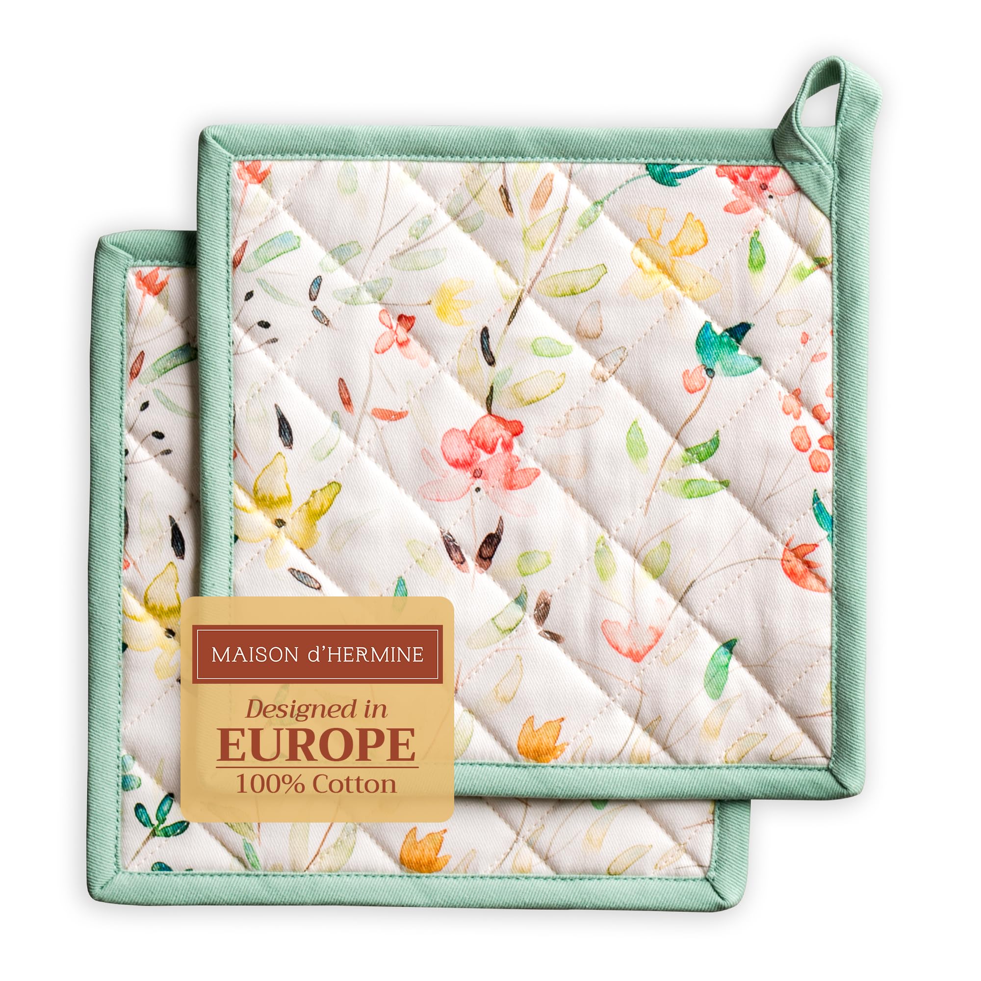 Maison d' Hermine Colmar Set of 2 Pot Holders 100% Cotton for Barbecue, Baking, Oven, Microwave, Grilling, Spring/Summer, Easter (20 cm x 20 cm)