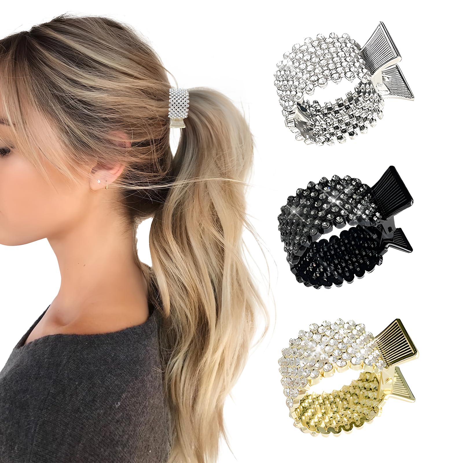 maxtachi 3 Pcs Rhinestone Hair Clip for High Ponytail, Multiple Colours Small Hair Clips, Sparkly Diamante Hair Claw for Women and Girls, Hair Accessories for Wedding Everyday Wear Prom Party