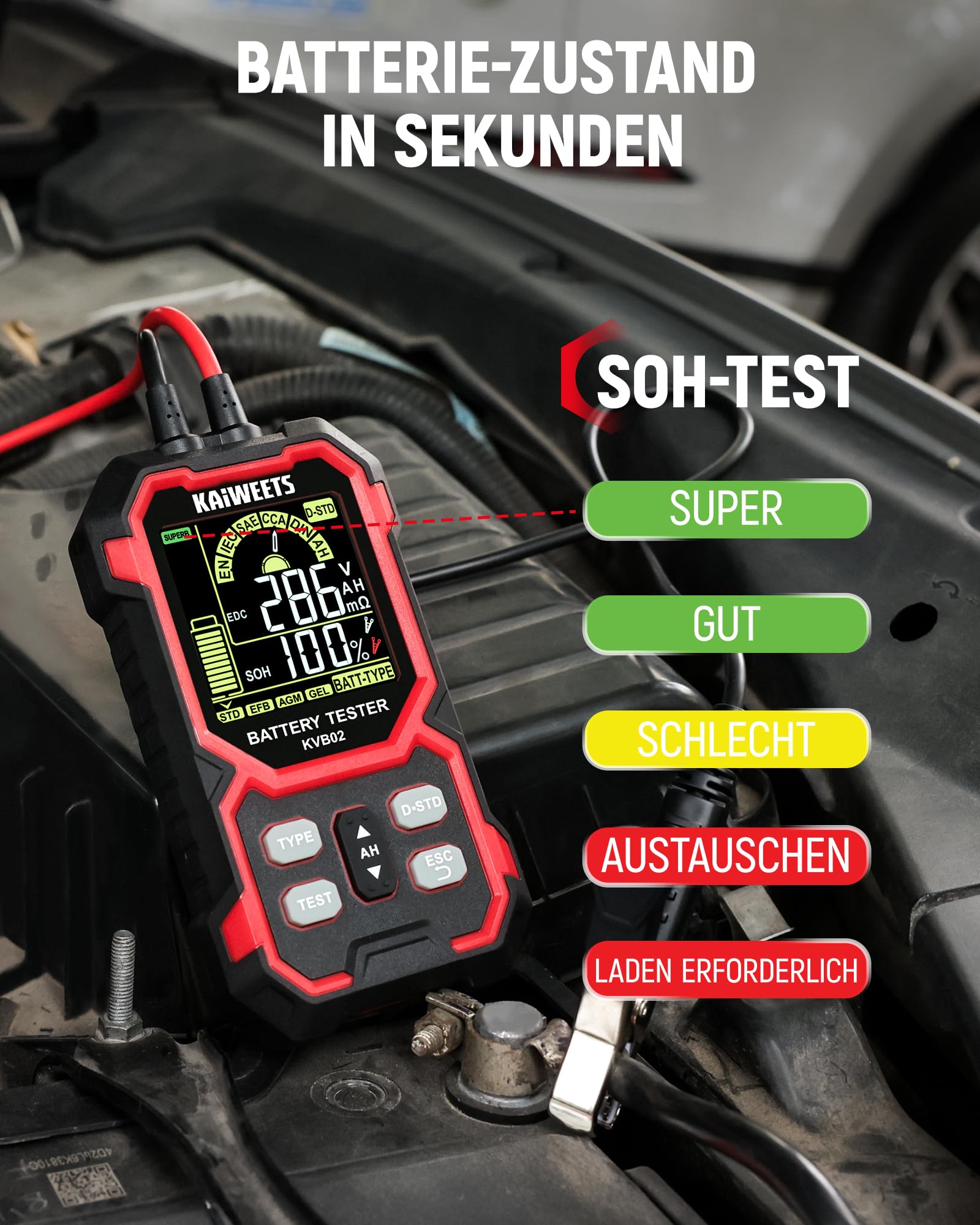 KAIWEETS Batterietester KFZ 12V/24V Digital Autobatterie Tester 50–2000 CCA mit SOH/SOC Analyse LCD Batterie Prüfgerät mit Cranking-Test für Auto SUV Motorrad 3