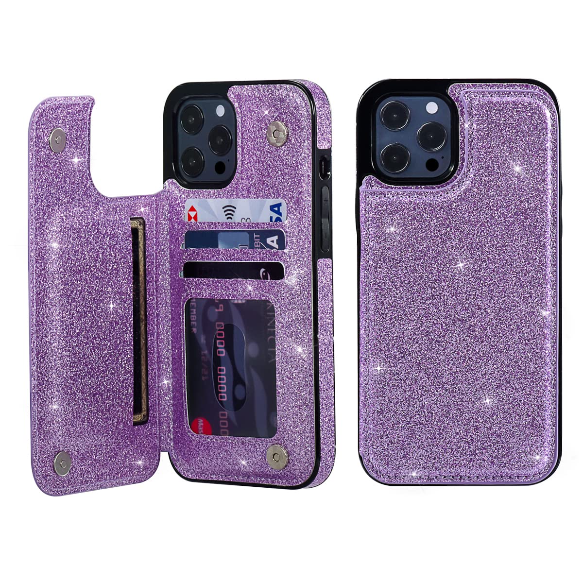 UEEBAI Case for iPhone 13 Pro Max 6.7 inch, Premium Glitter PU Leather Case Back Wallet Cover [Two Magnetic Clasp] [Card Slots] Stand Function Durable Shockproof Soft TPU Case - Purple#2 — image 1