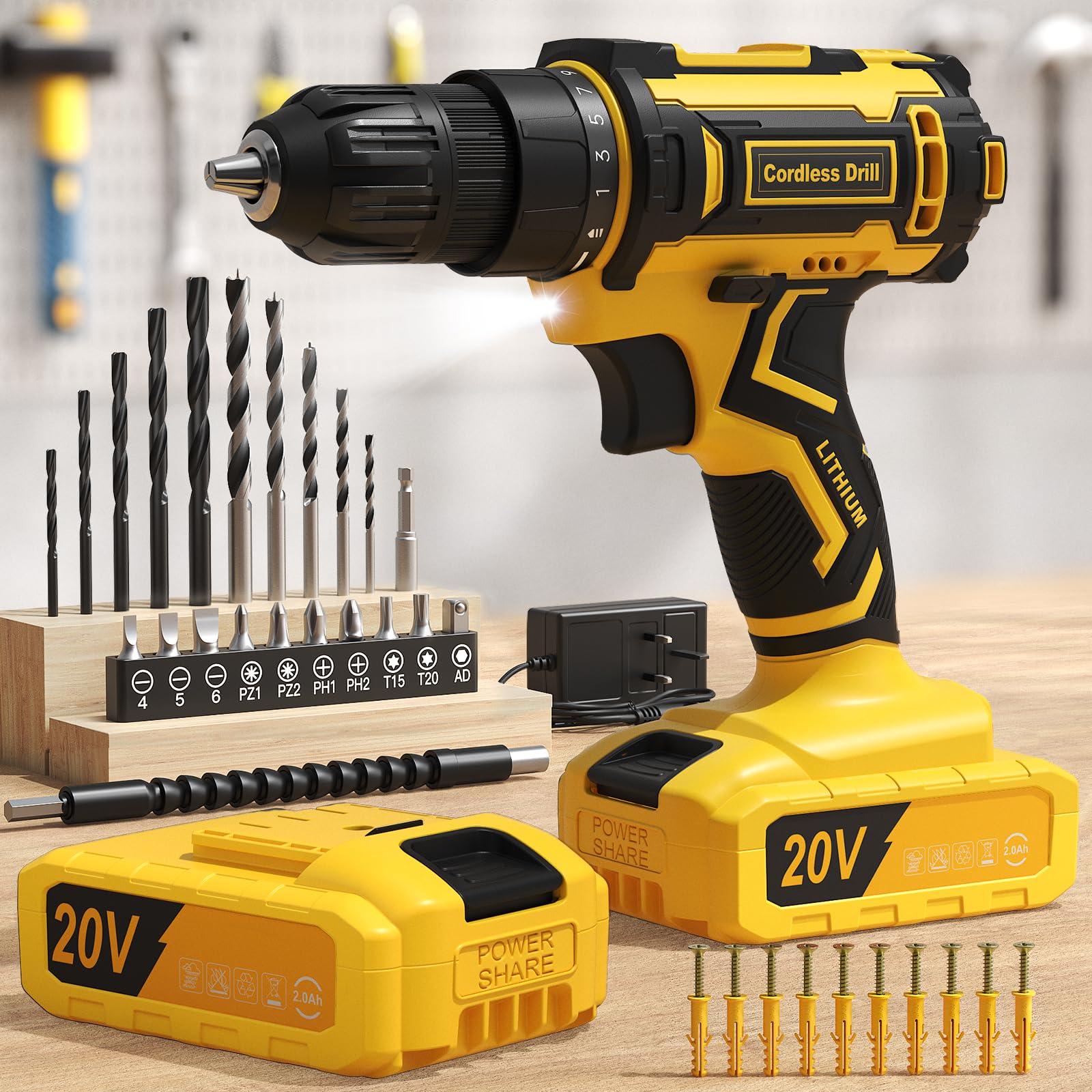 FAHEFANA Cordless Drill, 20V Power Drill with 25+1 Max 370 in-lb Torque, Electric Screwdriver Driver with Battery and Charger, 3/8