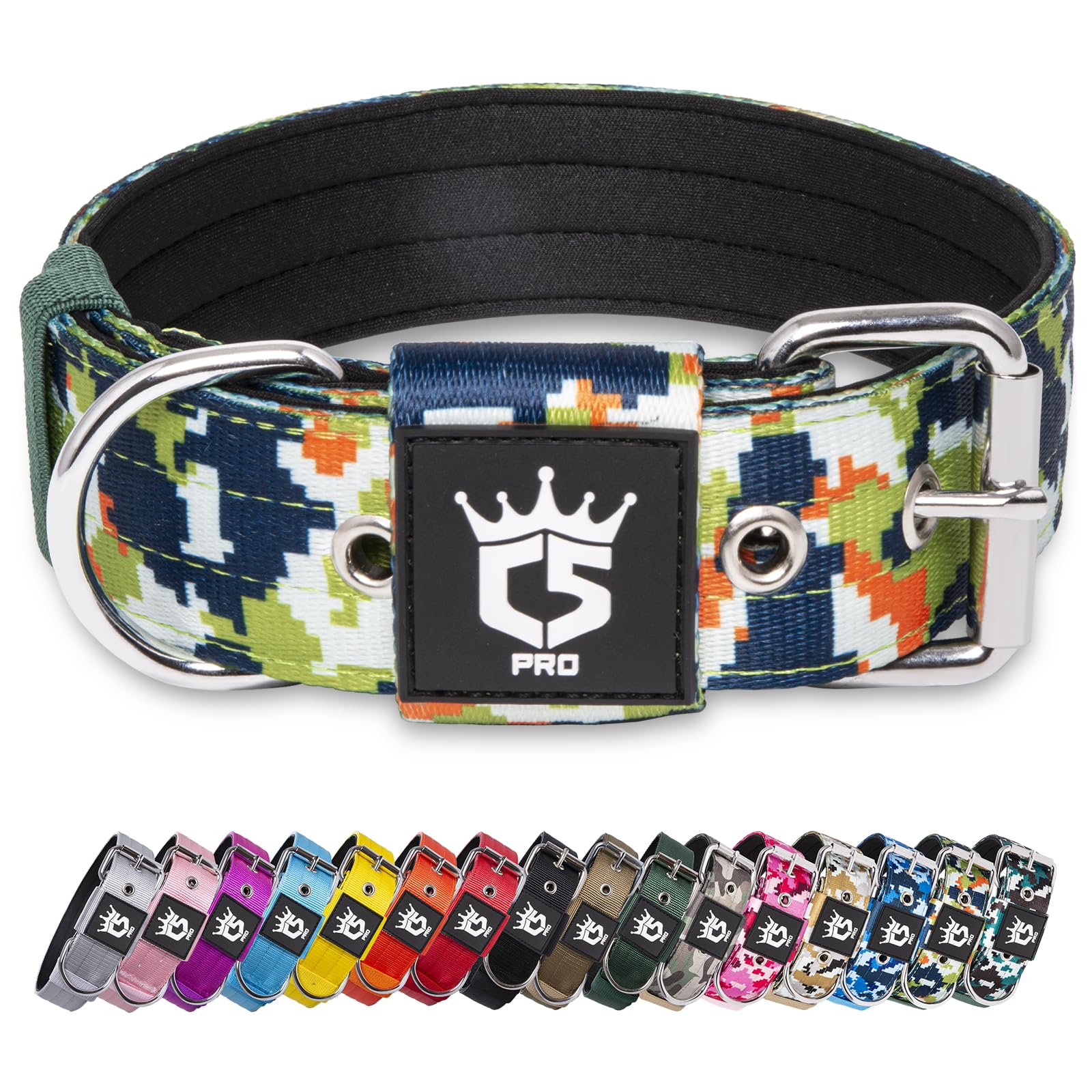 TSPRO Heavy Duty Tactical Dog Collar 1.5" Wide, Padded Dog Collar with Metal Buckle, Adjustable for Walking Training Outdoor for Medium Large Dogs (Camo Green, M) — image 1