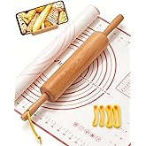 Classic Wood Rolling Pin, 17" Rolling Pins for Baking with Silicone Mat and Adjustable Thickness Rings, Pasta Roller with Woo