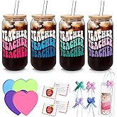 Teacher Valentine Gift- 4Pack End of Year Teacher Gifts for Women Men, 18oz Teachers Glass Cup with Bamboo Lid and Straw Glass Coffee Cups Unique Thank You Teachers Tumbler Mug Gift from Students
