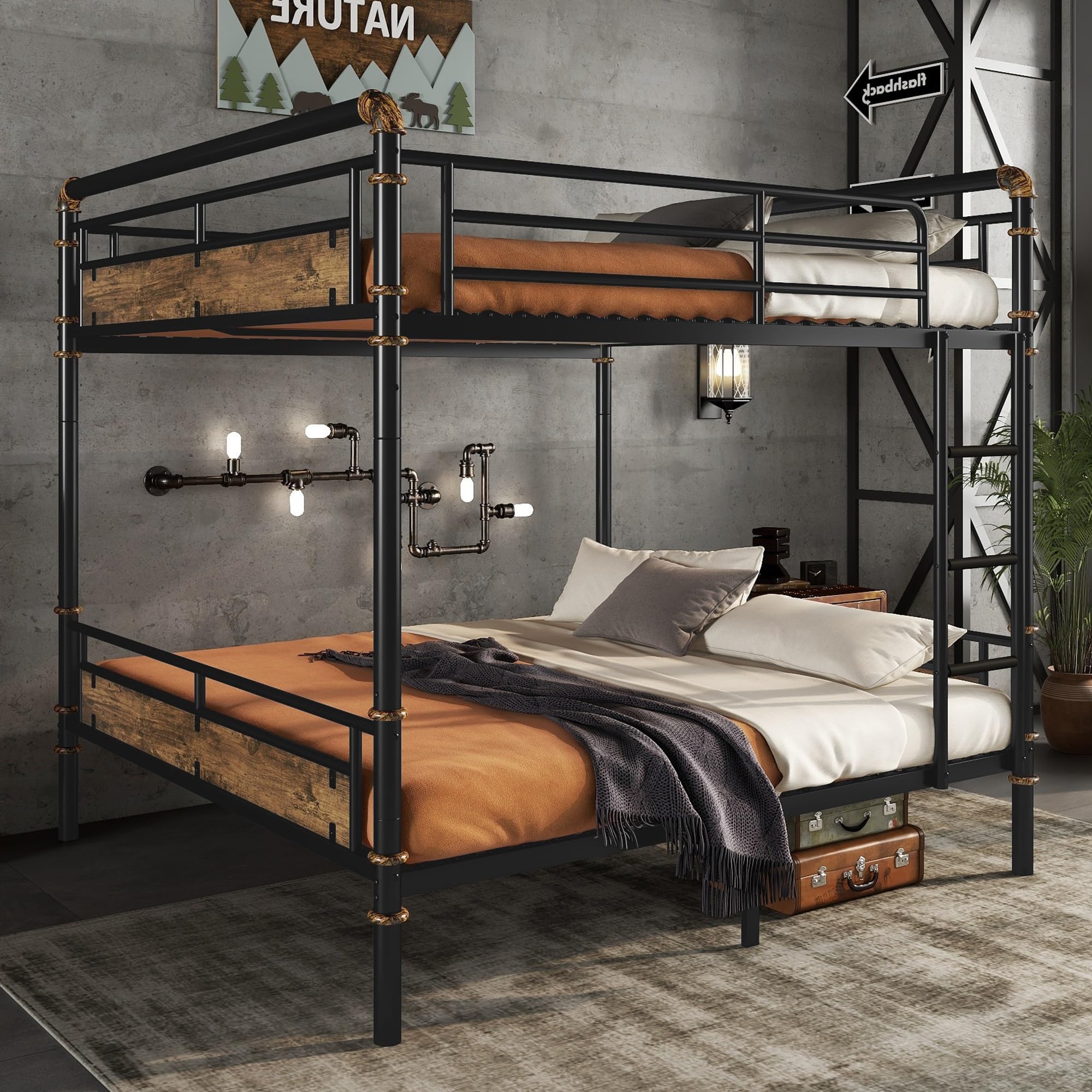 Photo 1 of KEIKI Queen Over Queen Size Metal Detachable Bunk Bed Frame with Ladders, MDF Headboard and Guardrail, Modern Bunk Beds with Solid Slats, No Box Spring Required, Easy Assembly, for Bedroom, Black