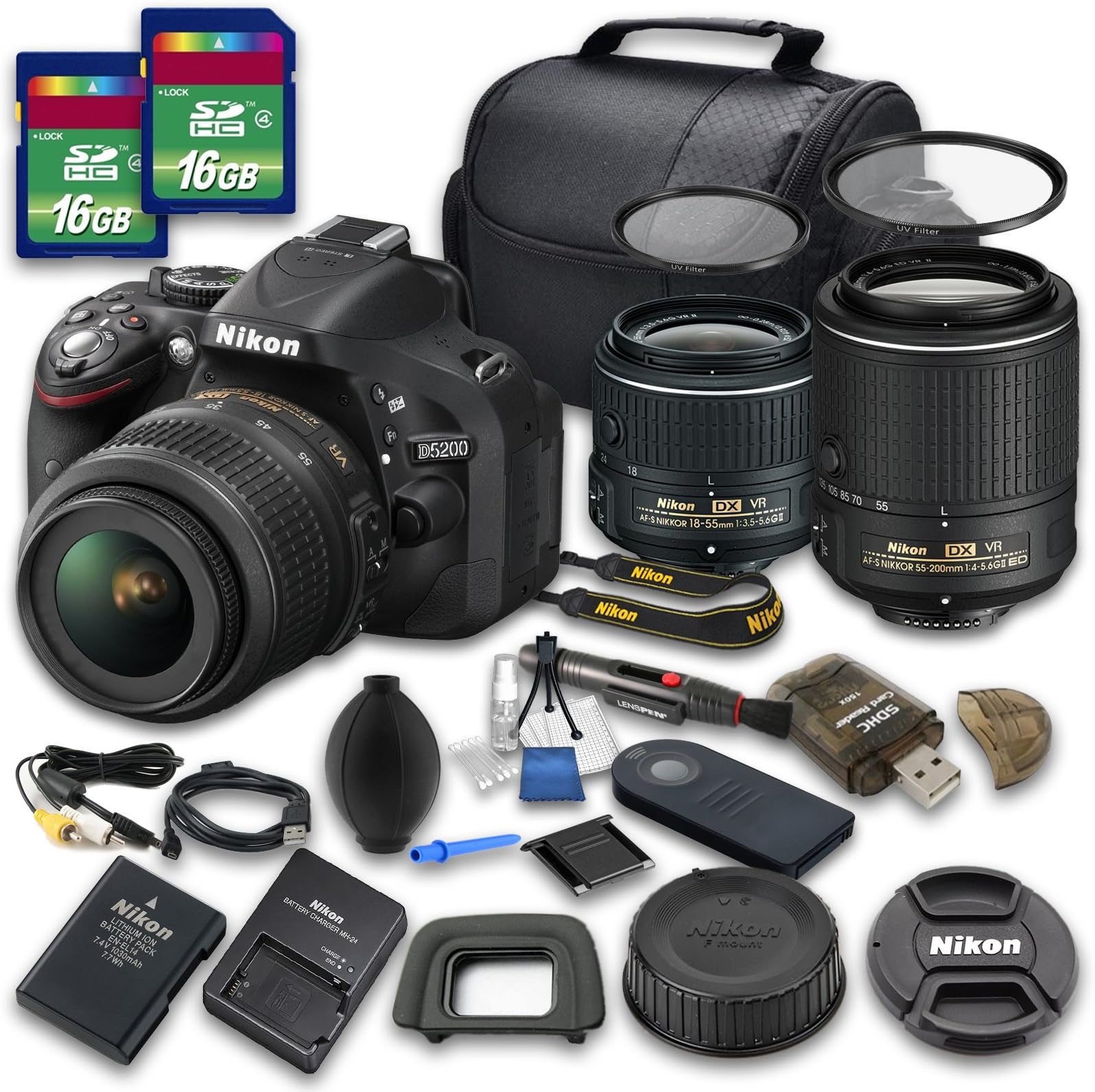 Deluxe Value Bundle Kit For D5200 DSLR + 18-55 VR II Lens + 55-200 VR II Zoom Lens + 2 PC 16 GB High-speed SD Cards + Deluxe Camera Carry Case + DSLR Maintenance Cleaning Kit