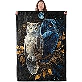 UNDAHIS Mystic Owl Blanket, Soft Warm Cozy Elegant White & Blue Owls Throw Blanket Gifts for Adults Kids Women, Lightweight Fuzzy Comfy Flannel Blankets for Couch, Travel, Bed, House Decor 60×50 Inch