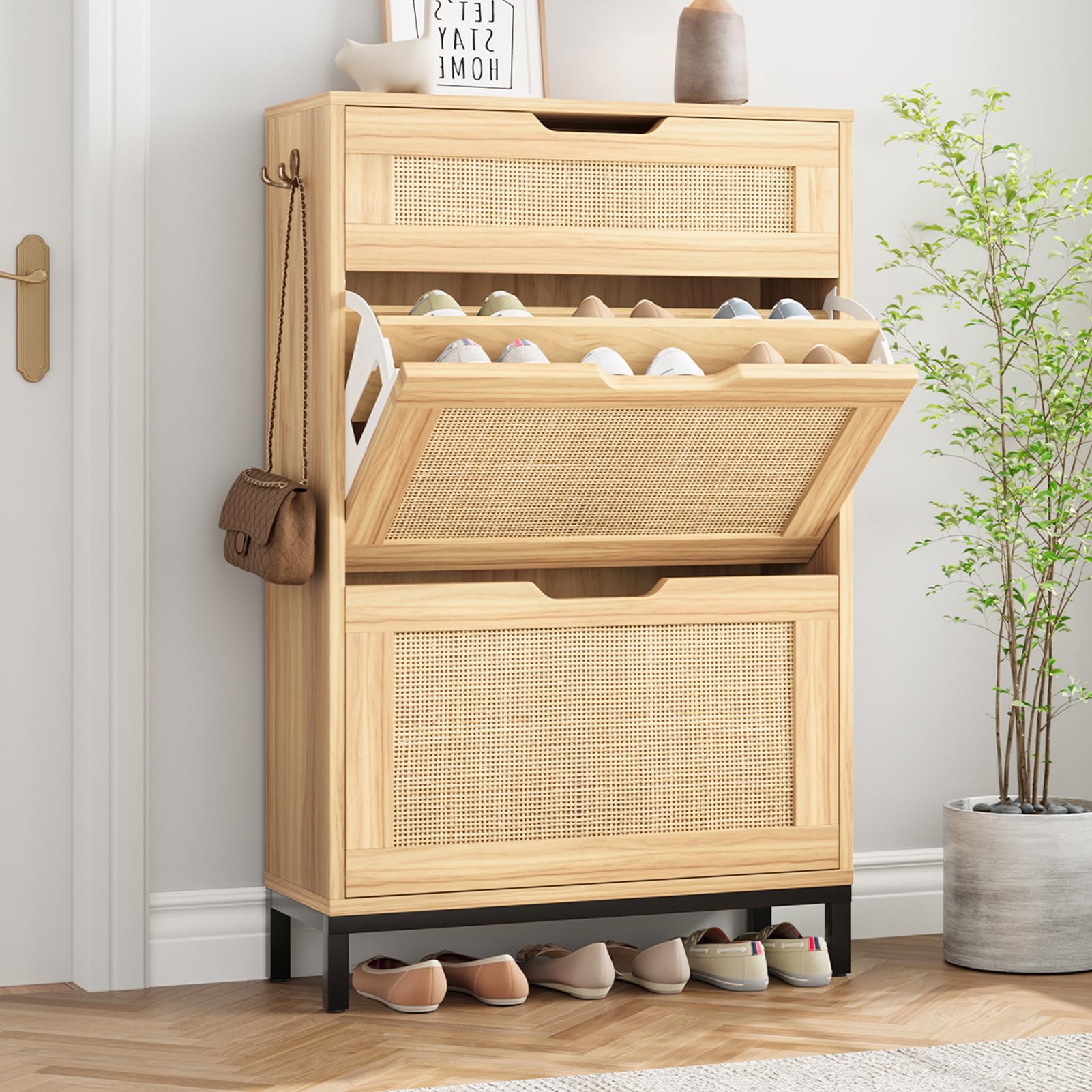 Photo 1 of Rattan Shoe Cabinet Storage for Entryway Hidden Shoes Storage Cabinet Boho Narrow Shoe Organizer Cabinet with 2 Flip Drawers, Free Standing Wood Shoe Cabinet for Foyer, Hallway (Wood, 2 Flip Drawers)