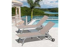 DOMI OUTDOOR LIVING Domi Pool Lounge Chairs Set of 3, Adjustable Aluminum Outdoor Chaise Lounge with Wheels Patio Lounge Chairs with Side Table, All Weather for Deck Lawn Poolside Backyard-Khaki Textilene