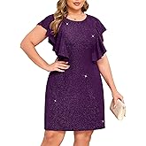 ZOMVA Plus Size Sparkly Shift Dress Wing Ruffle Sleeve Round Neck Short Glitter Dresses Wedding Guest Cocktail Party