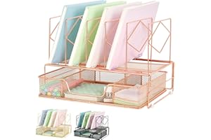 OPNICE File Organizer - Desktop Organization with 5 Section Vertical File Folder Holder and Drawer, Desk Organizers and Desk Accessories for Home, Office, Dorm & Classroom(Rose Gold)