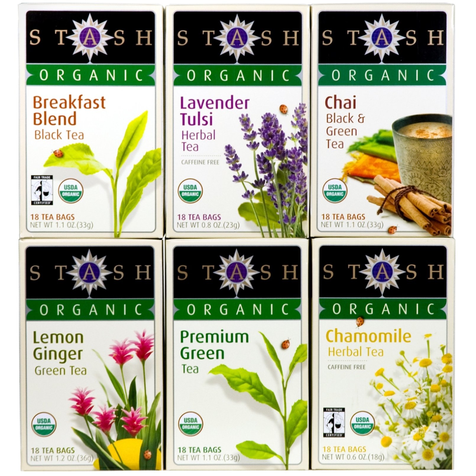 Stash Tea Organic Tea Six Flavor Assortment, 18 Count Tea Bags in Foil (Pack of 691045317132 eBay