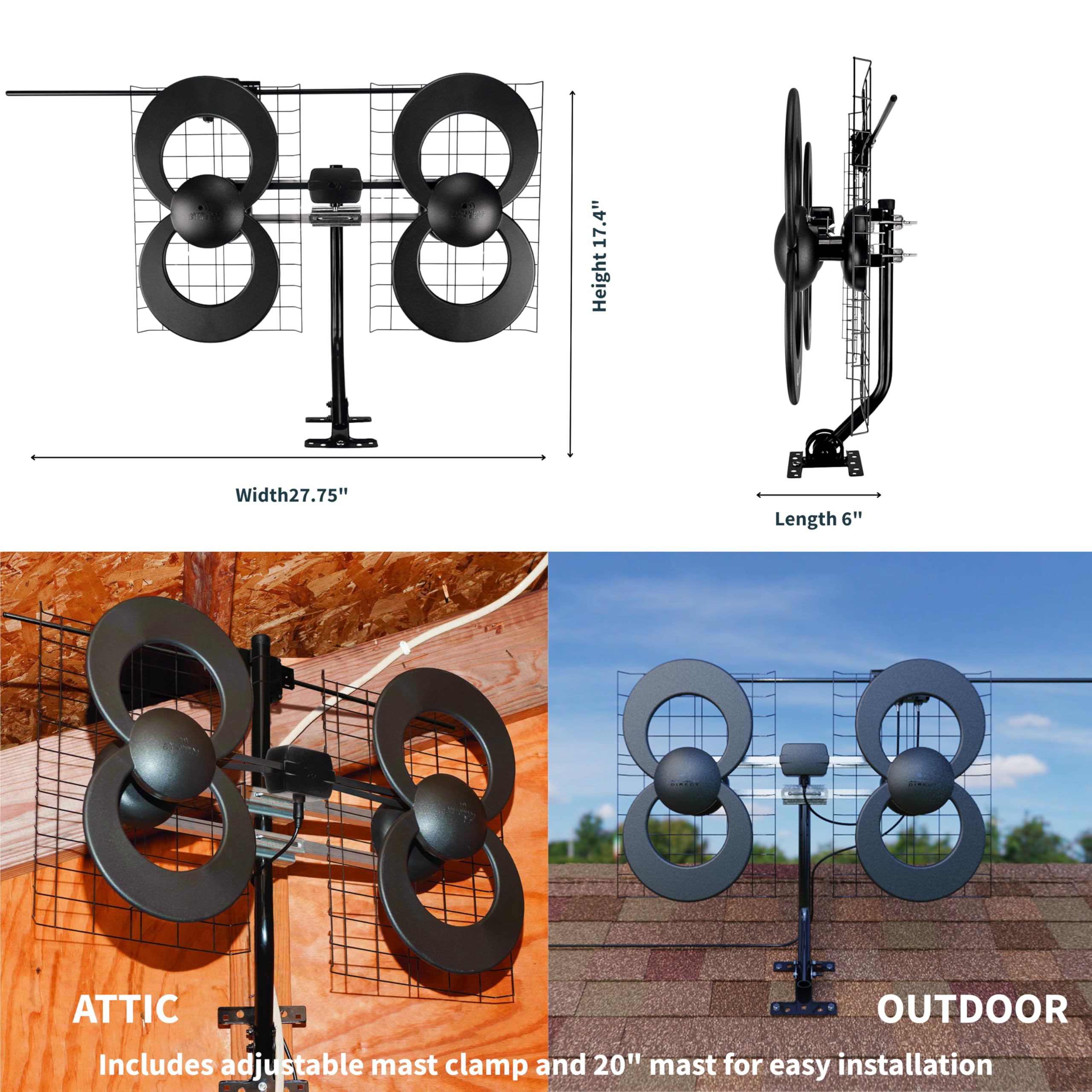 Antennas Direct ClearStream 4V Indoor Outdoor TV Antenna, UHF VHF, Multi-Directional, 70+ Mile Range, 4K 8K UHD, NEXTGEN TV – w/ 20-inch Mast (Black)