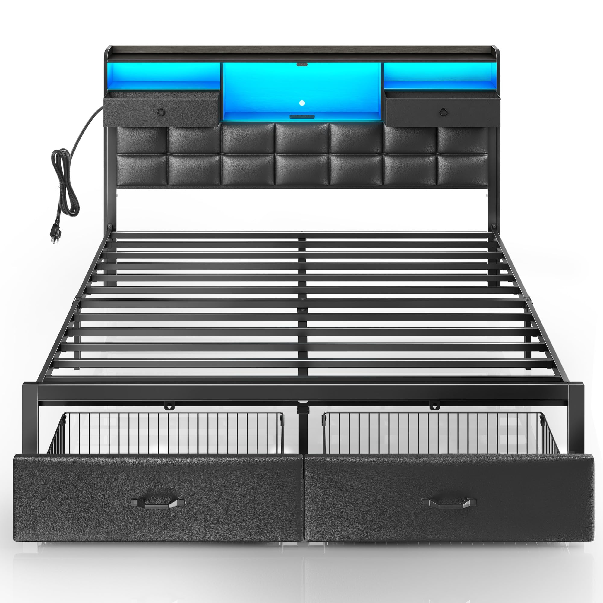 Photo 1 of Rolanstar Bed Frame King Size with Drawers and Charging Station, Upholstered Platform Bed with Storage Headboard and LED Light, Heavy Duty Metal Frame Support, No Box Spring Needed, Noise Free, Black