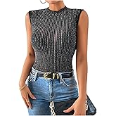 SOLY HUX Women's Sparkly Mock Neck Tank Top Sleeveless Lettuce Trim Elegant Party Tops